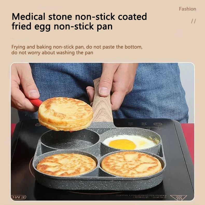 4 Hole Frying Pan Non Stick Breakfast Burger Egg Pancake Maker Wooden Handle Medical Stone Four Hole Omelet Pan