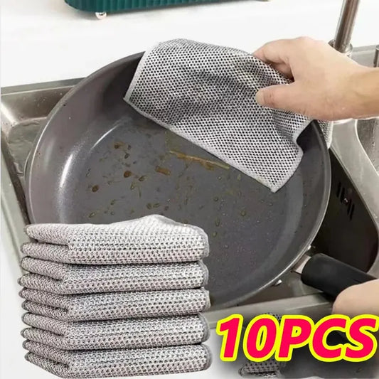 10PCS Magic Dishcloth Silver Wire Cleaning Kitchen Cloth Thickened Microfiber Towel Built-in Sponge Steel Wire