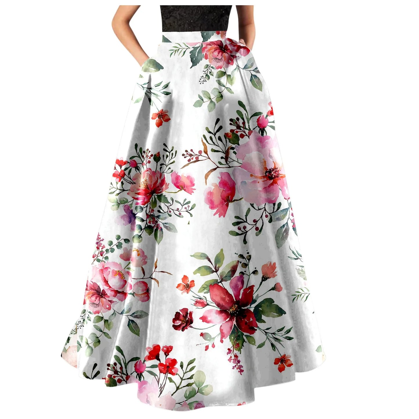 Korean Styled Elegant Long Skirts For Women Floral Print High Waist Pocket