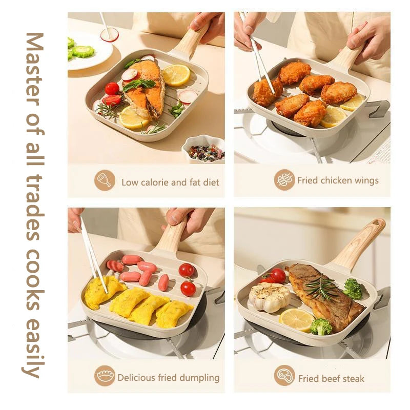 4 Hole Frying Pan Non Stick Breakfast Burger Egg Pancake Maker Wooden Handle Medical Stone Four Hole Omelet Pan