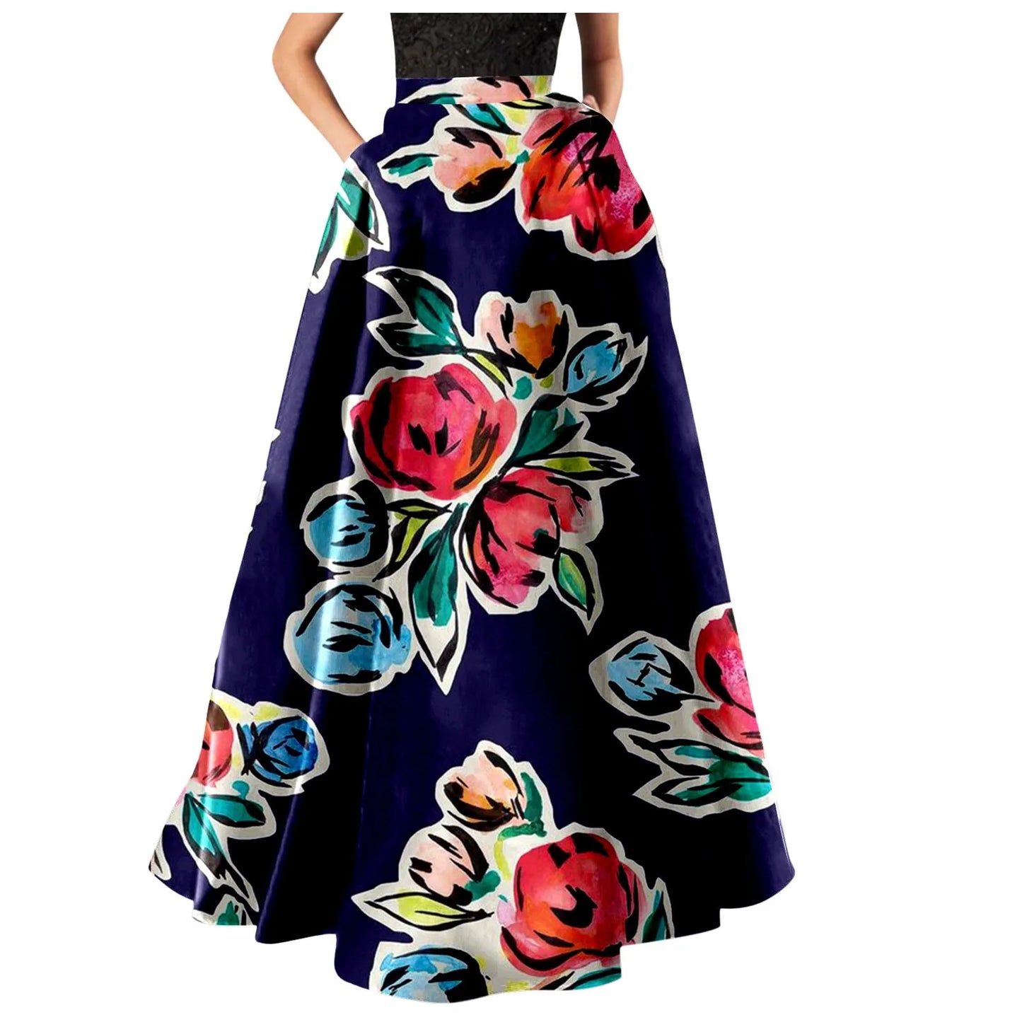 Korean Styled Elegant Long Skirts For Women Floral Print High Waist Pocket