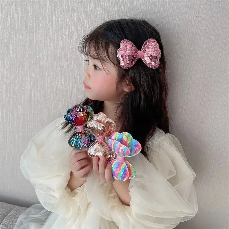 5PCS Long Multi Colored Sequin Glitter Big Bow Hair Clips For Girl Princess Fairy