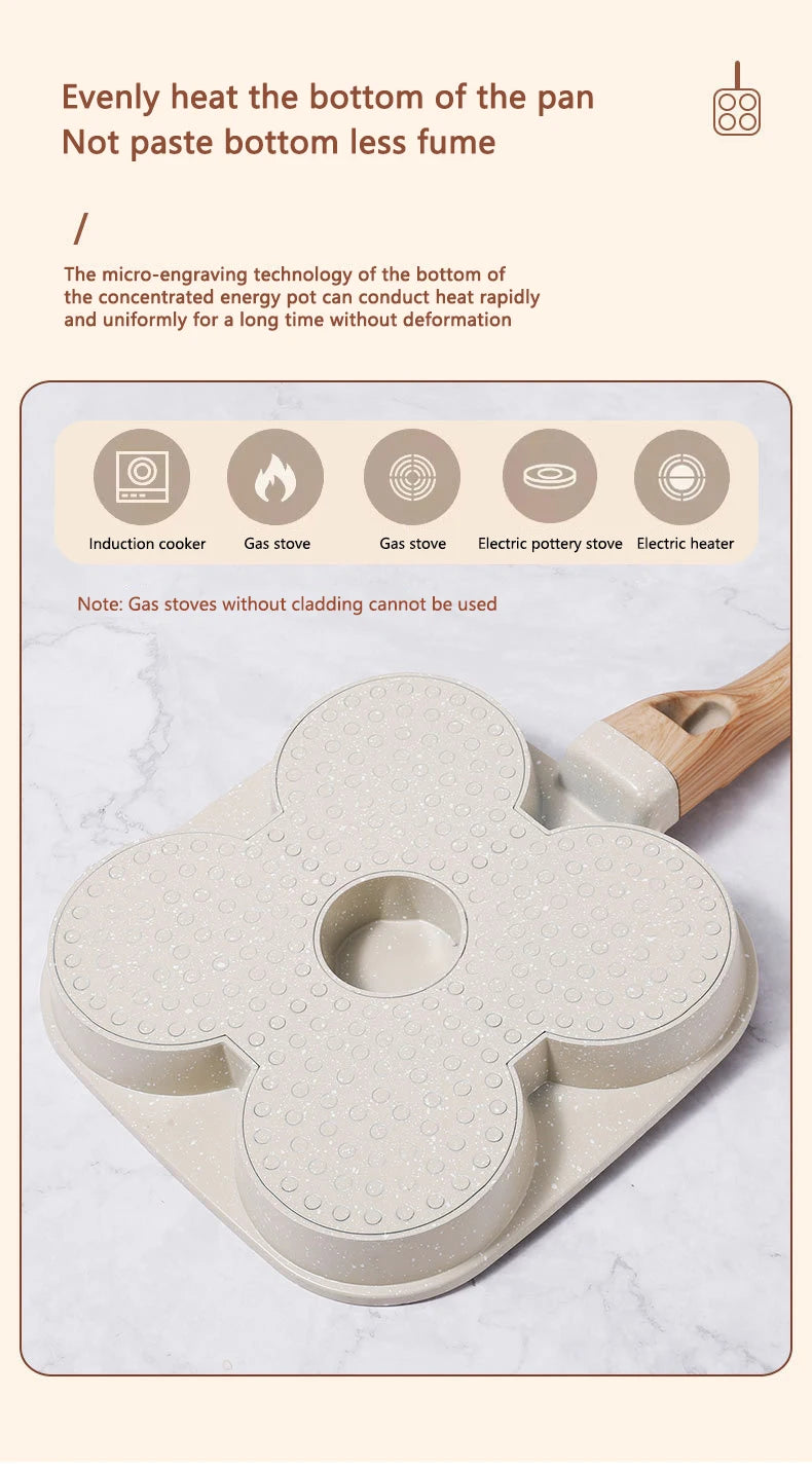 4 Hole Frying Pan Non Stick Breakfast Burger Egg Pancake Maker Wooden Handle Medical Stone Four Hole Omelet Pan