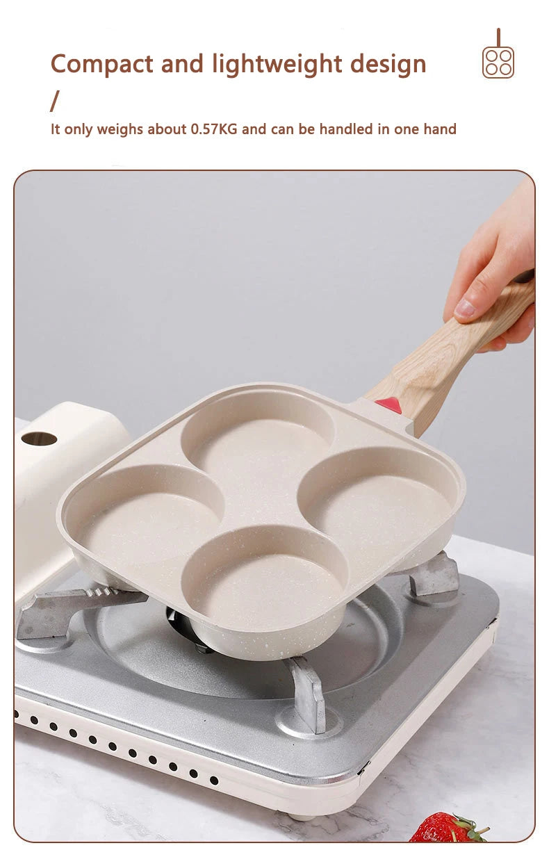 4 Hole Frying Pan Non Stick Breakfast Burger Egg Pancake Maker Wooden Handle Medical Stone Four Hole Omelet Pan