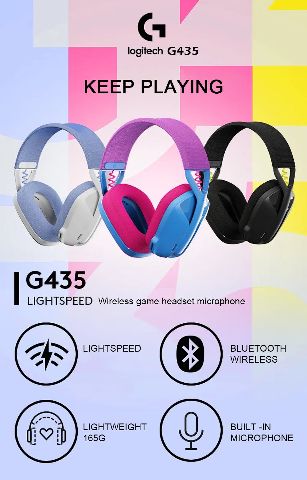 Logitech G435 LIGHTSPEED Bluetooth Wireless Gaming Headset Surround Sound Headphone Over-Ear For PC Laptop Games And Music