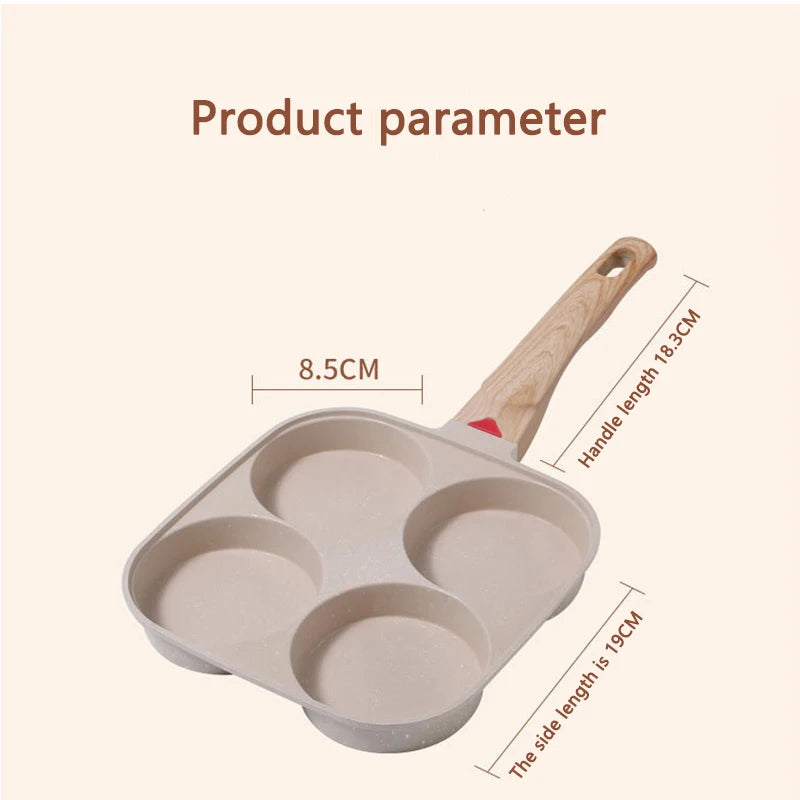 4 Hole Frying Pan Non Stick Breakfast Burger Egg Pancake Maker Wooden Handle Medical Stone Four Hole Omelet Pan
