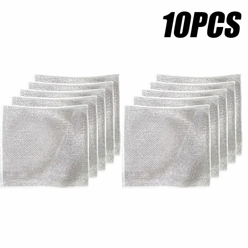 10PCS Magic Dishcloth Silver Wire Cleaning Kitchen Cloth Thickened Microfiber Towel Built-in Sponge Steel Wire