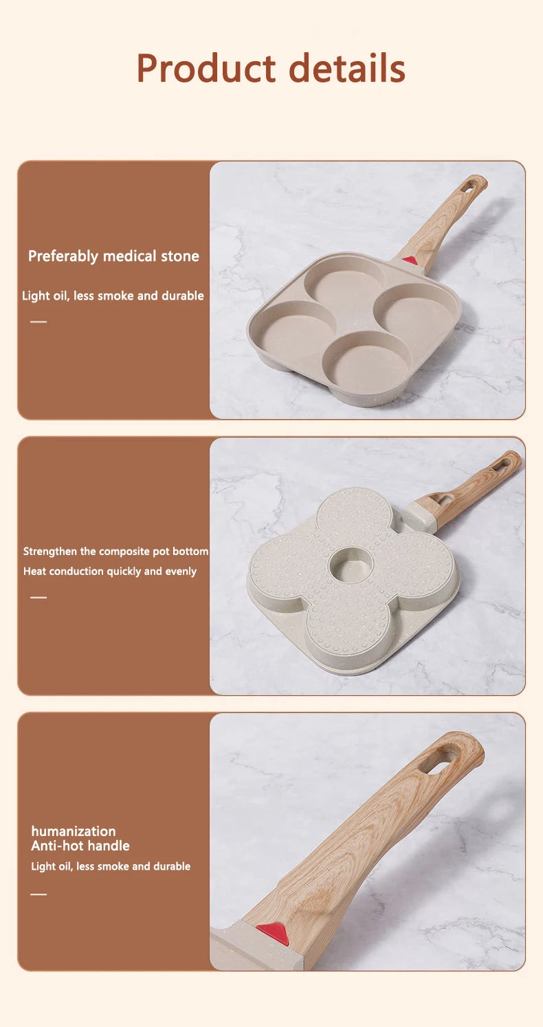 4 Hole Frying Pan Non Stick Breakfast Burger Egg Pancake Maker Wooden Handle Medical Stone Four Hole Omelet Pan