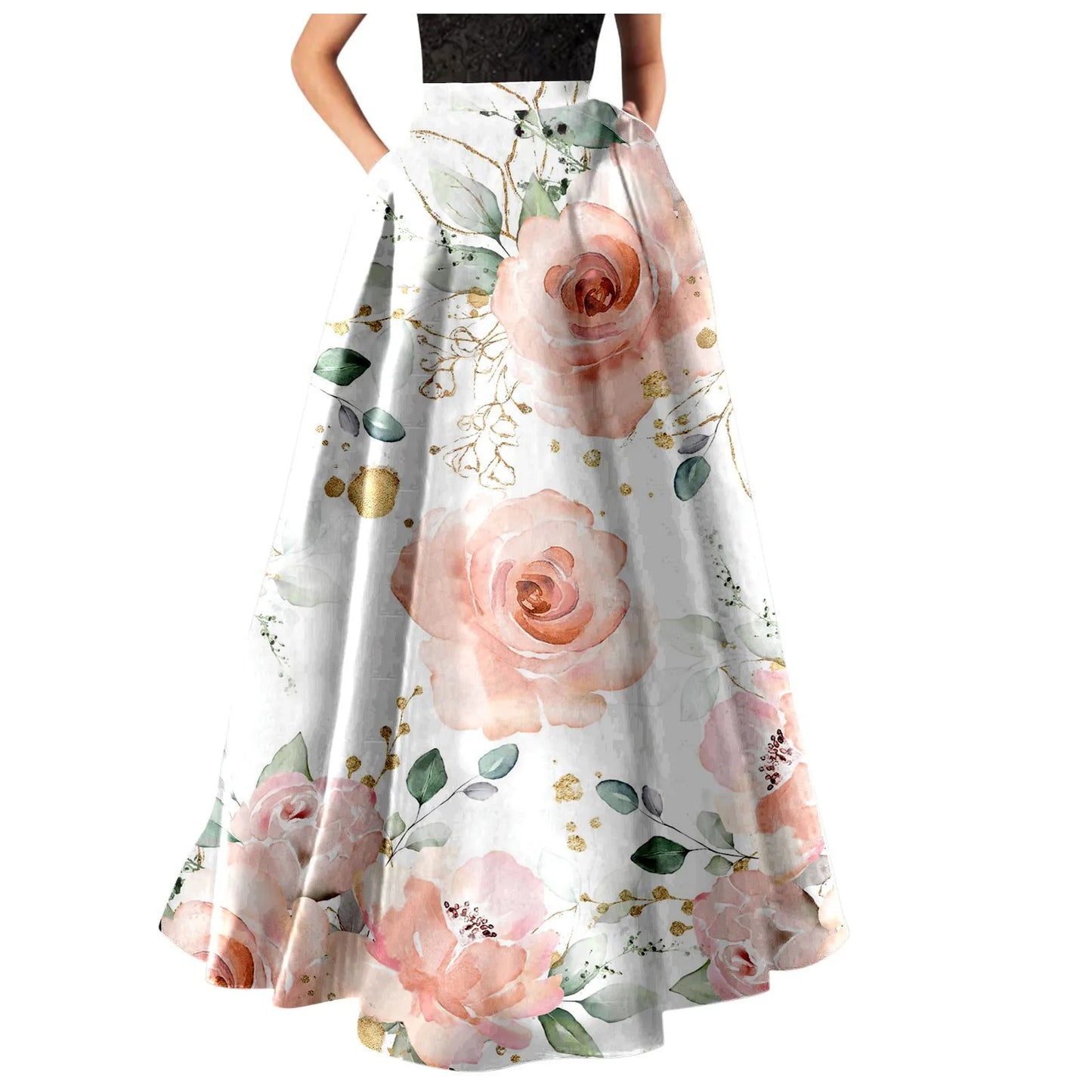 Korean Styled Elegant Long Skirts For Women Floral Print High Waist Pocket