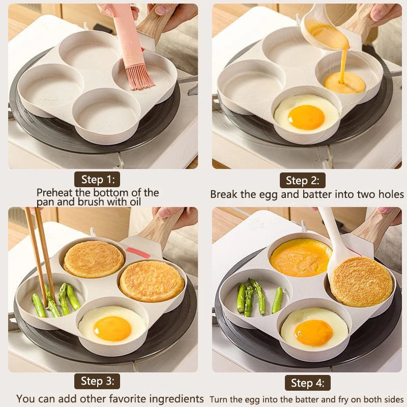 4 Hole Frying Pan Non Stick Breakfast Burger Egg Pancake Maker Wooden Handle Medical Stone Four Hole Omelet Pan