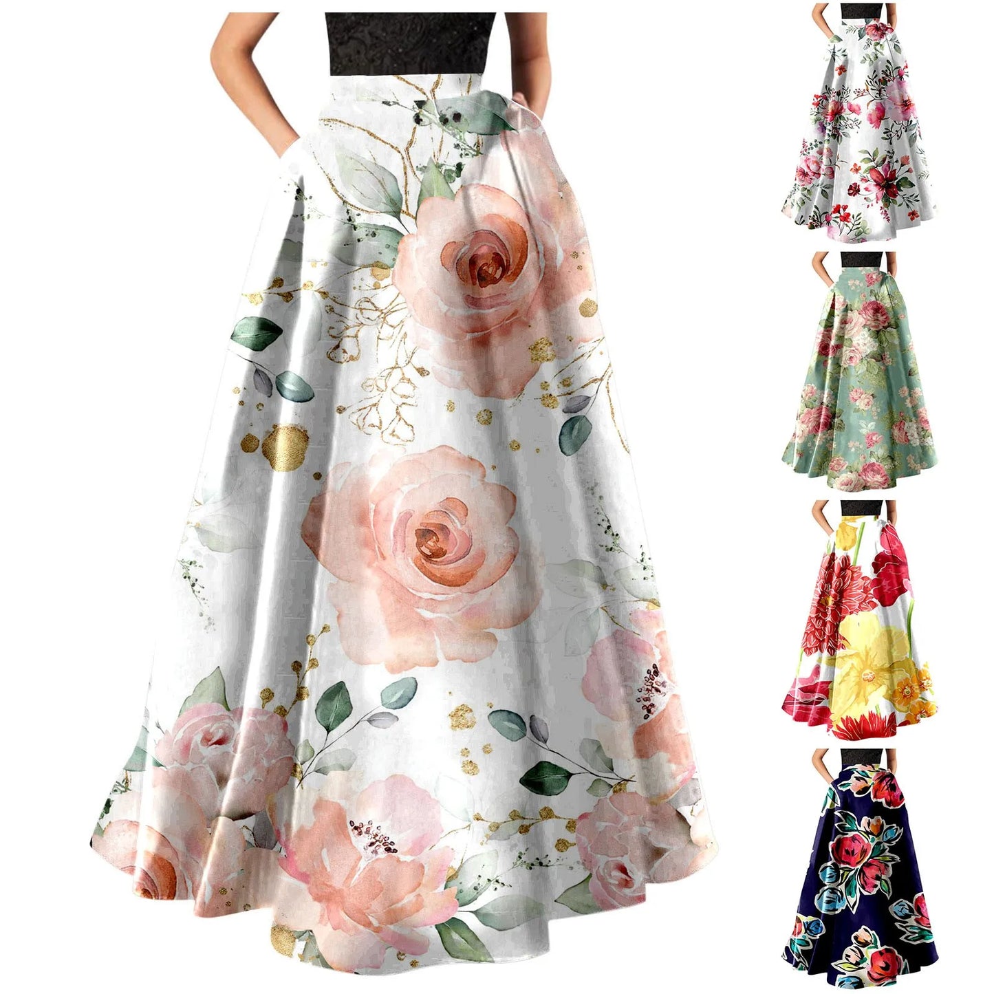 Korean Styled Elegant Long Skirts For Women Floral Print High Waist Pocket