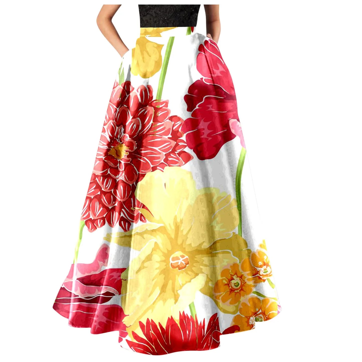 Korean Styled Elegant Long Skirts For Women Floral Print High Waist Pocket