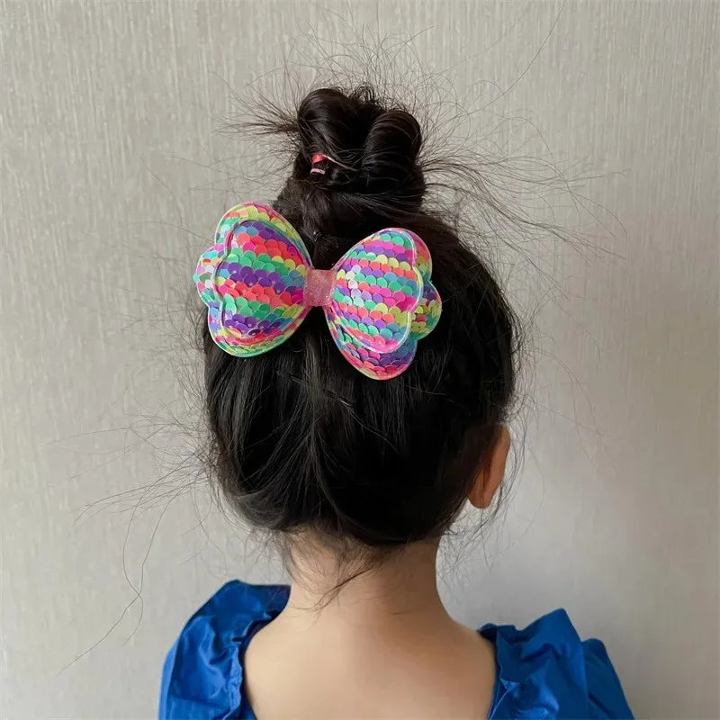 5PCS Long Multi Colored Sequin Glitter Big Bow Hair Clips For Girl Princess Fairy