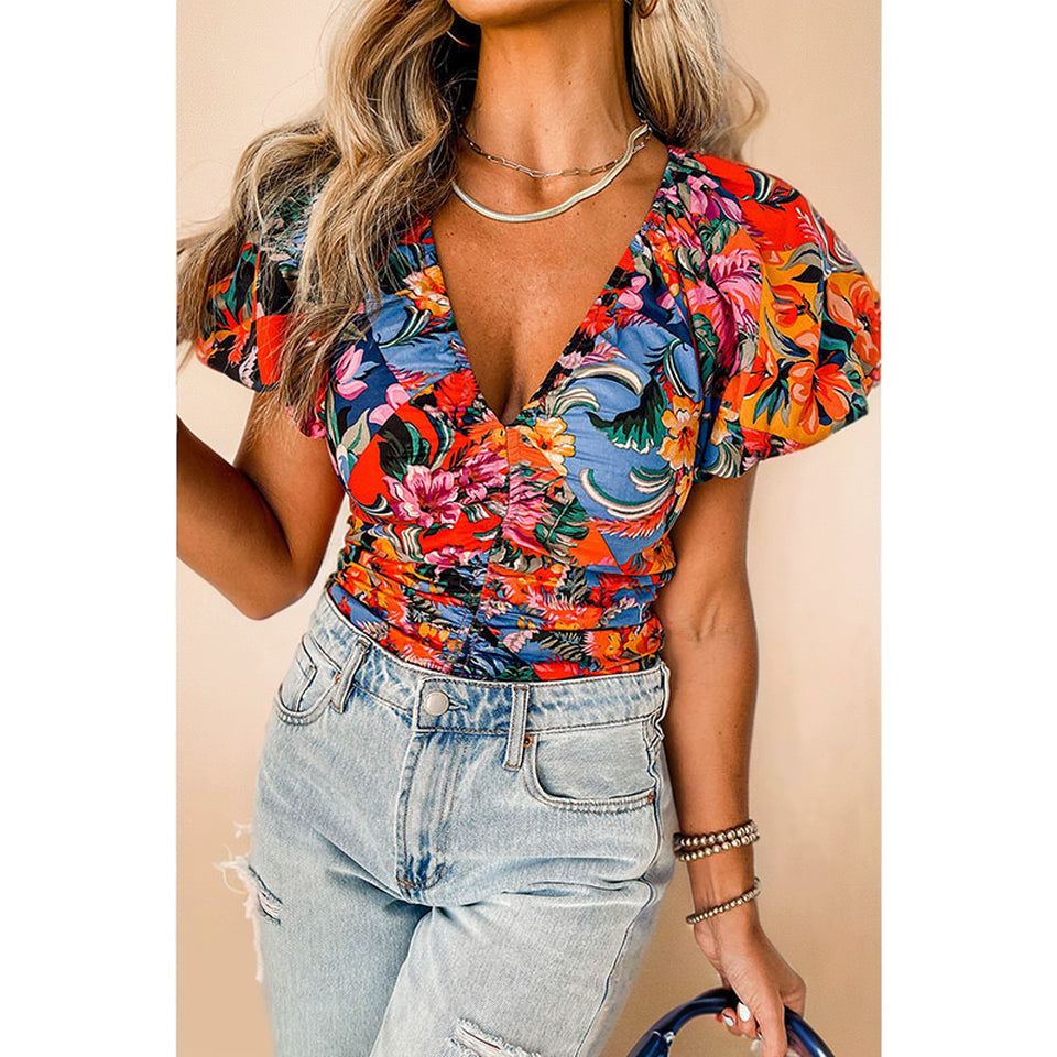 Fashion Florals Print V-Neck Shirt for Women