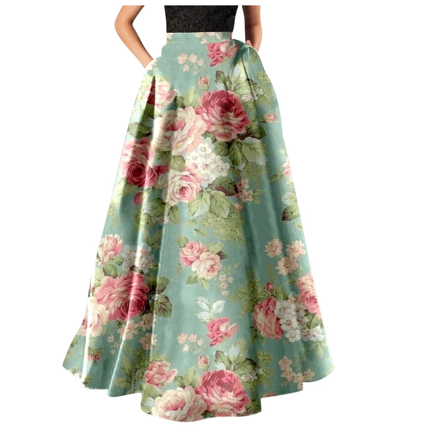 Korean Styled Elegant Long Skirts For Women Floral Print High Waist Pocket