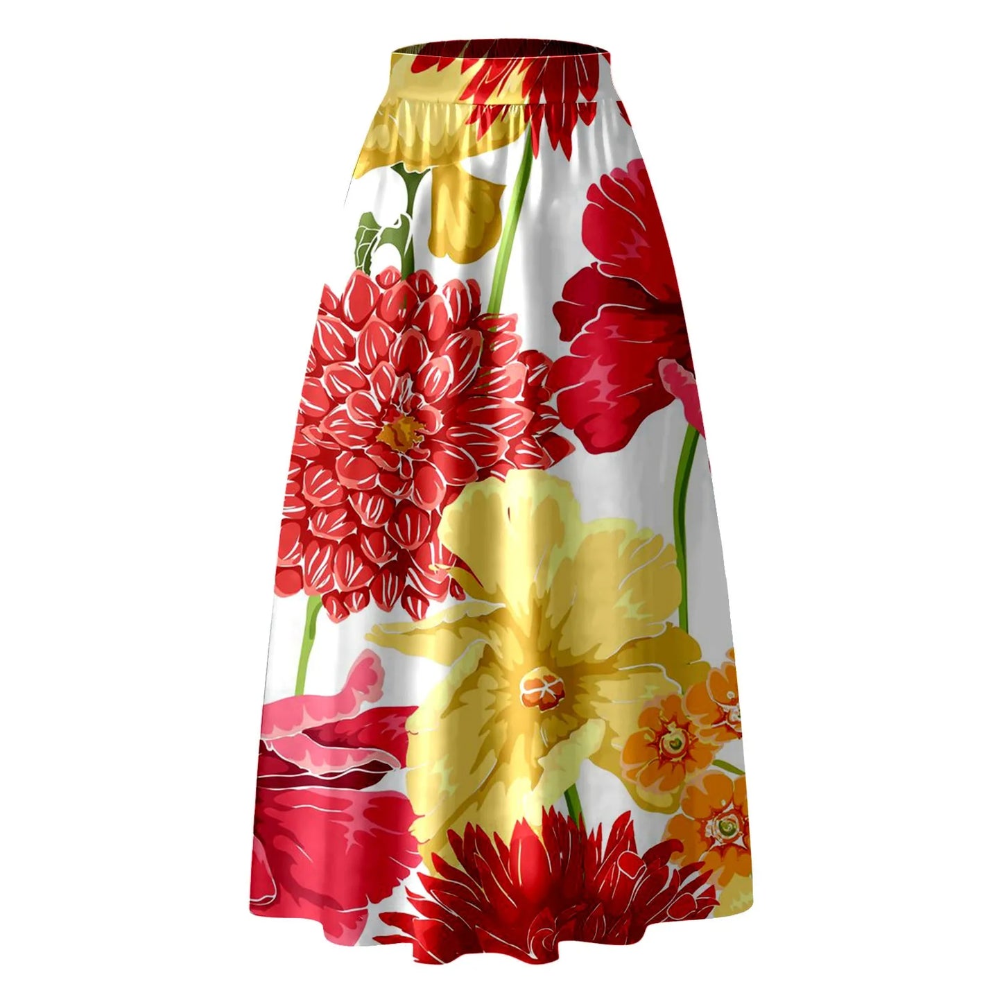 Korean Styled Elegant Long Skirts For Women Floral Print High Waist Pocket